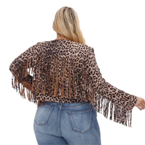 VOCAL APPAREL Fringe Cropped Leopard Print Western Jacket Plus Size 1X-3X NWT - Picture 2 of 11